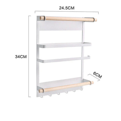 Magnetic Refrigerator Organizer with six hooks, wooden crossbar, and sleek matte metal finish