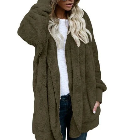 A cozy, plush women's jacket in a variety of colors with a relaxed, oversized fit for easy layering