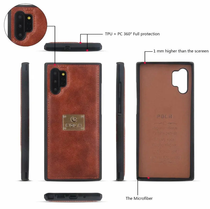 Black PU leather zipper wallet case open next to a Samsung Galaxy phone.