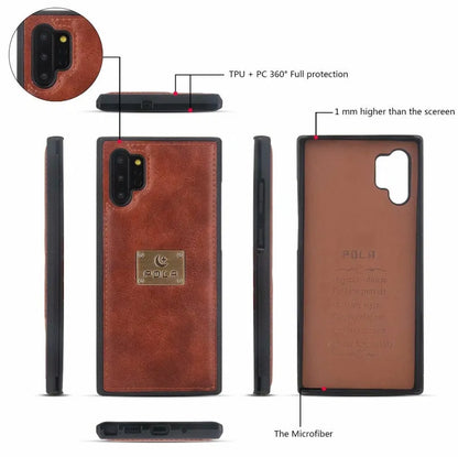 Black PU leather zipper wallet case open next to a Samsung Galaxy phone.