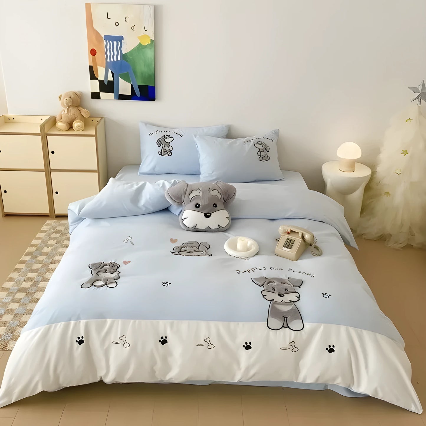 Cartoon Schnauzer embroidered design on a thickened cotton quilt cover and pillowcase from a bedding set.