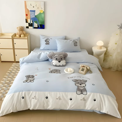 Cartoon Schnauzer embroidered design on a thickened cotton quilt cover and pillowcase from a bedding set.