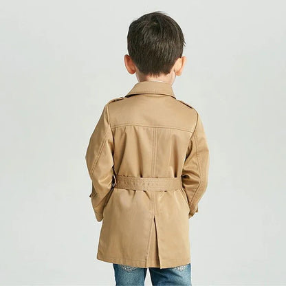 British style children's cotton jacket in khaki with long sleeves and detachable belt, sizes 100-140cm