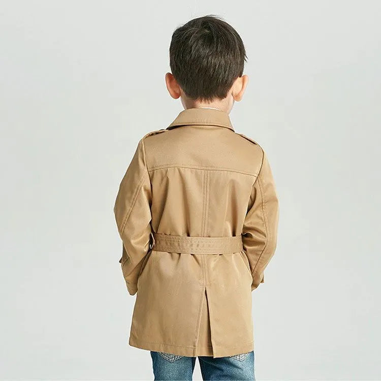 British Style Children's Cotton Jacket Long Sleeve Plain Detachable Belt Khaki Spring Autumn Jacket for Boys and Girls 3-8 Years 100-140cm