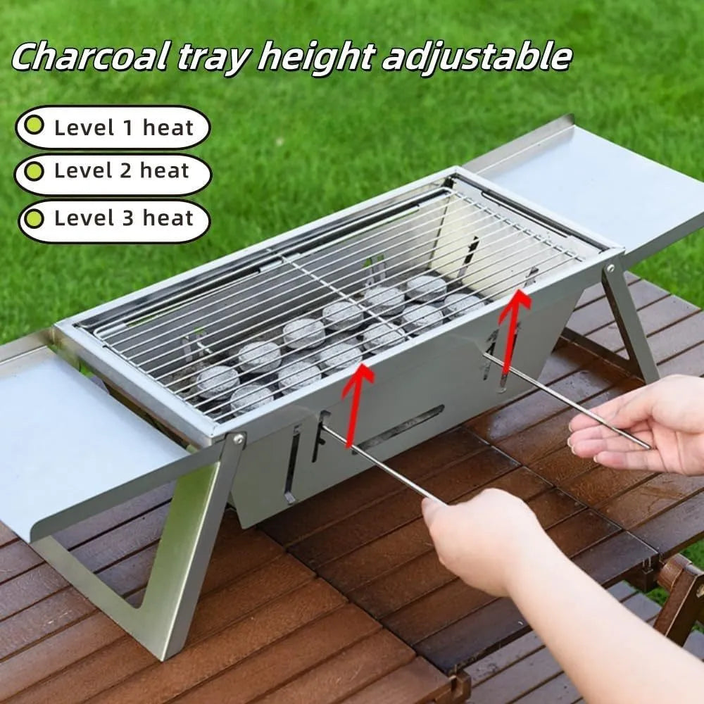 Small foldable charcoal grill collapsed to 40cm size with charcoal tray