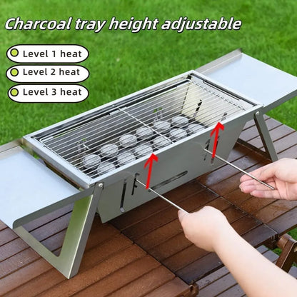 Small foldable charcoal grill collapsed to 40cm size with charcoal tray