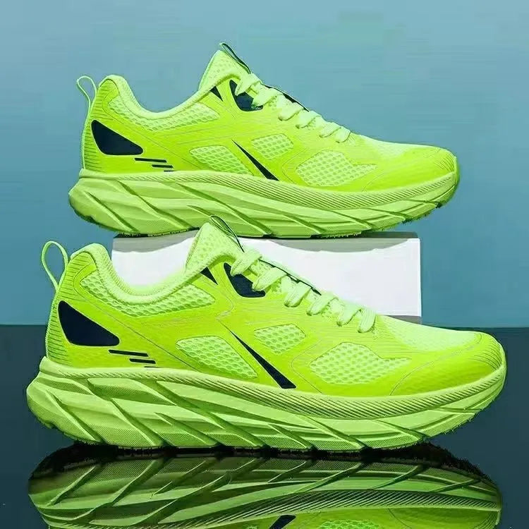 Men's and women's casual running shoes with mesh upper in red, beige, green, grey, or black.