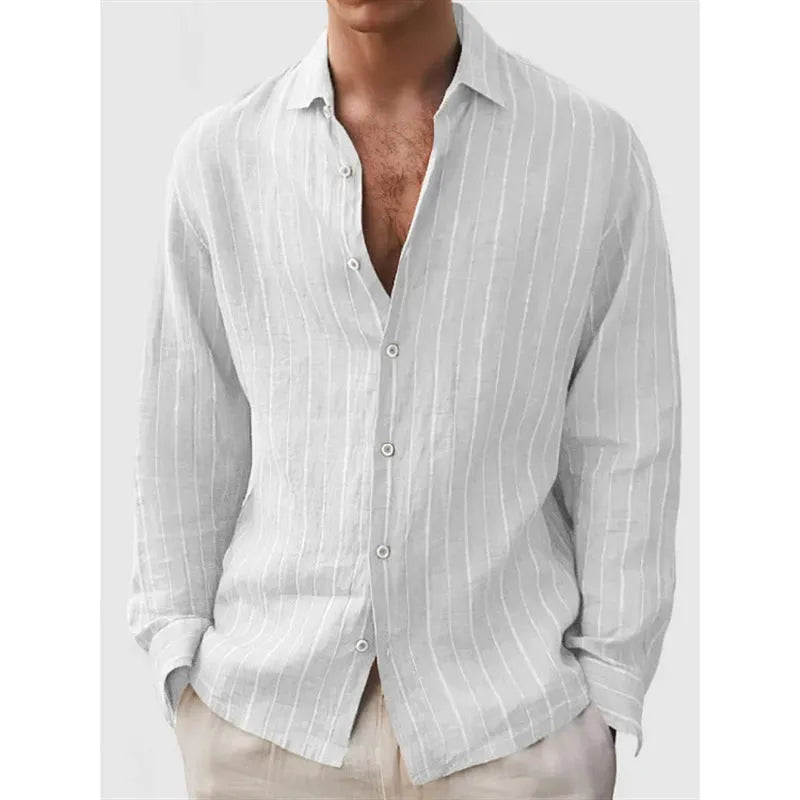 Man wearing a loose striped cardigan-style shirt with short sleeves.