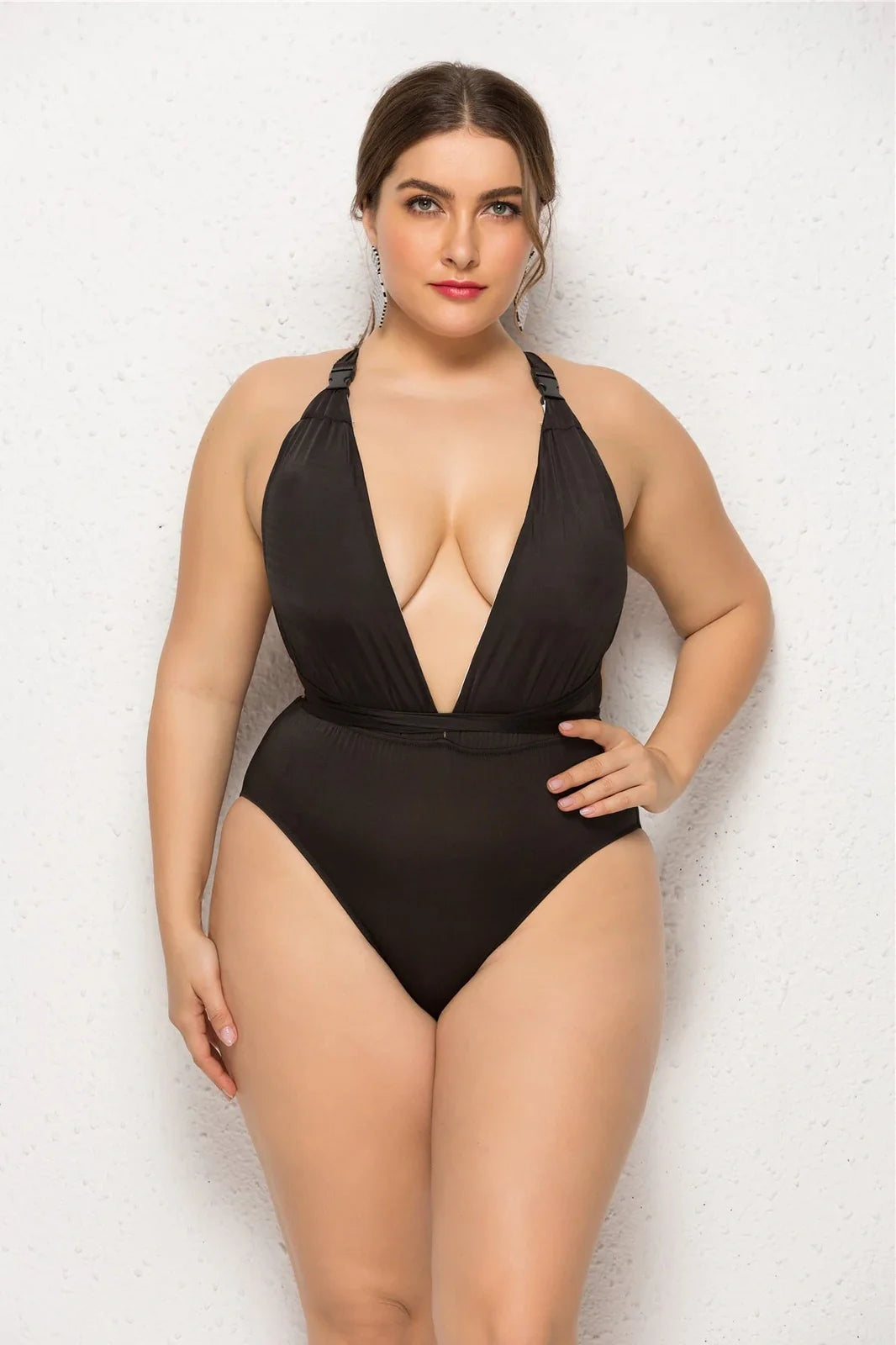 Black plus size one-piece swimsuit with backless high-elasticity design for swimming, sizes 2XL-5XL, 170g polyester-spandex blend