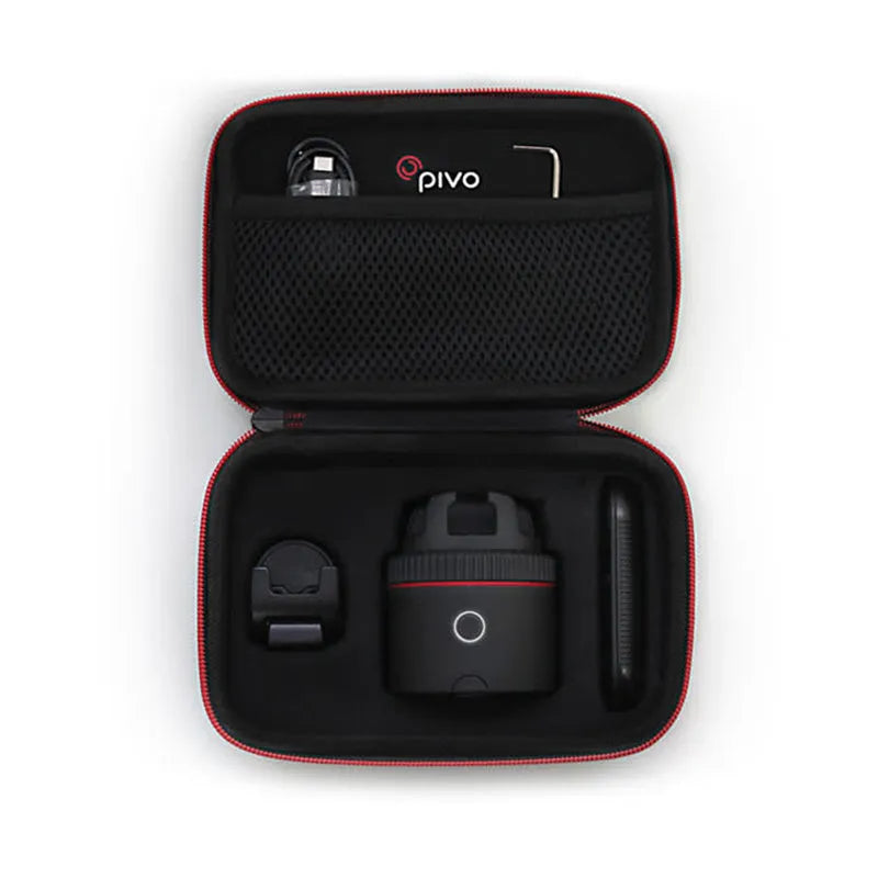 Black PIVO facial tracking camera with a smartphone mounted on its 360-degree rotating base.