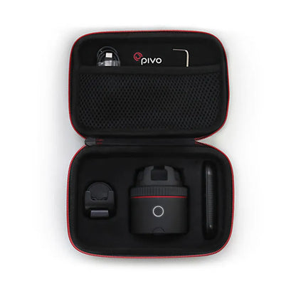 Black PIVO facial tracking camera with a smartphone mounted on its 360-degree rotating base.