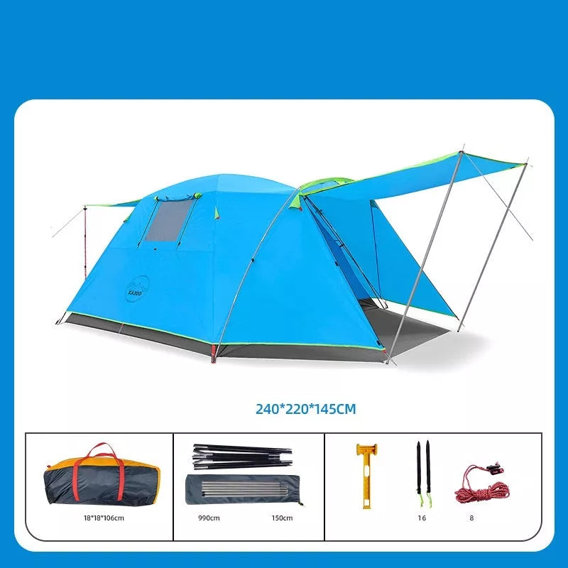 Four-person outdoor camping tent with rain and sun protection, double-decker design
