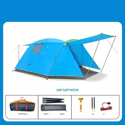 Four-person outdoor camping tent with rain and sun protection, double-decker design