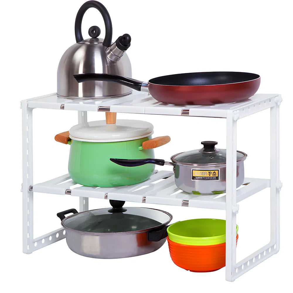 White retractable kitchen shelf with two tiers and adjustable length from 36cm to 70cm