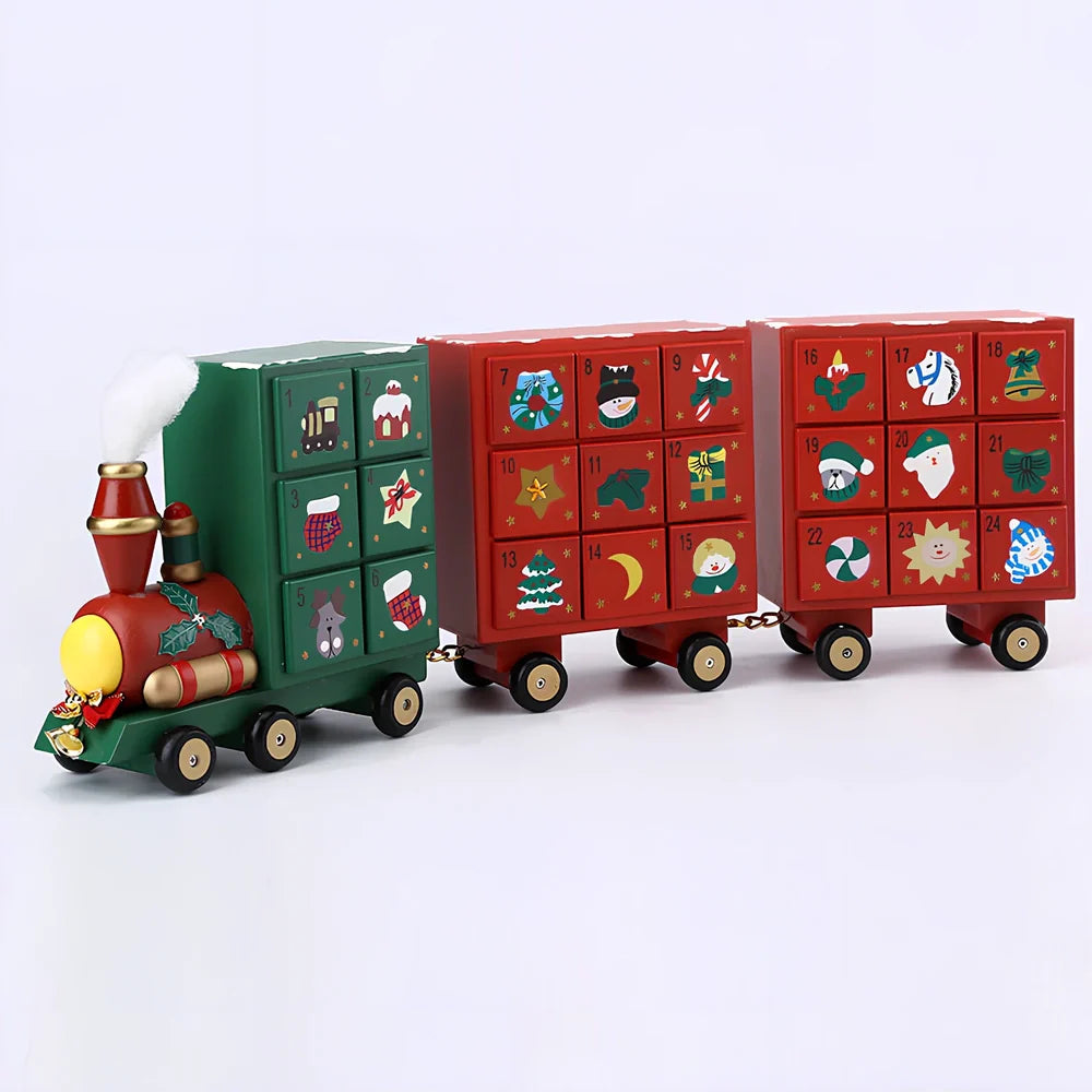 Handcrafted wooden Christmas window decorations showing nine designs including bears, houses, trees and vehicles