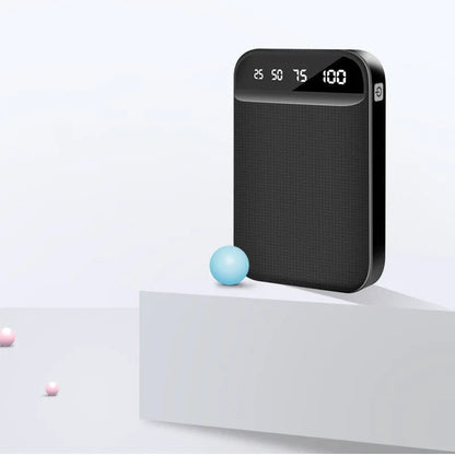 Mini power bank in black with dimensions 93x63x22mm showing USB ports for charging devices