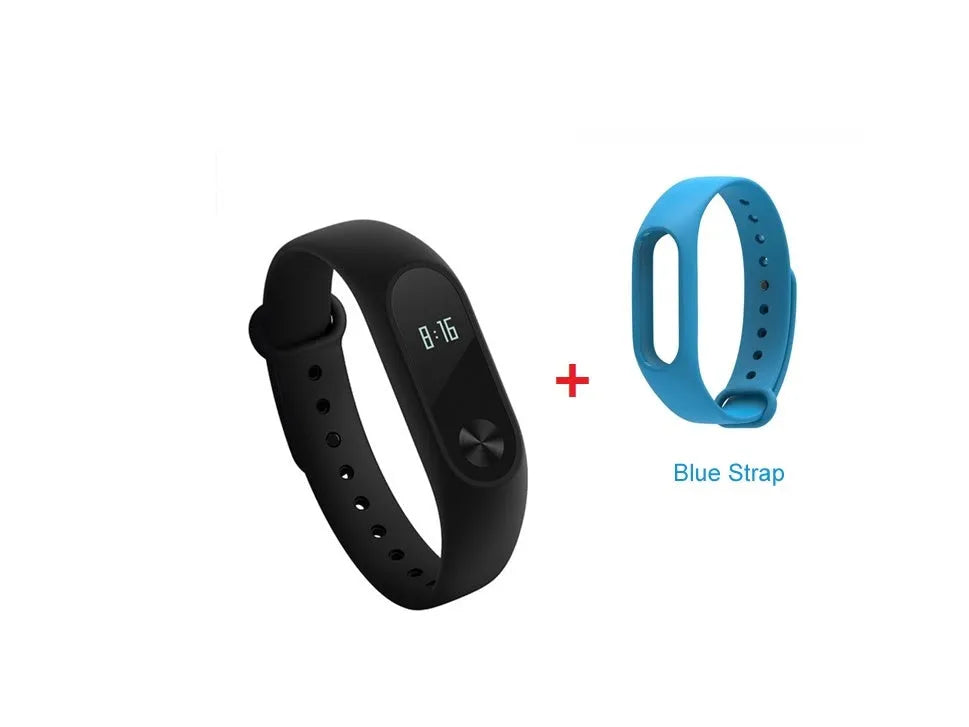 Xiaomi Mi Band 2 black fitness tracker with OLED display showing heart rate and time on adjustable wrist strap