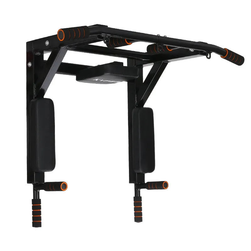 Black wall-mounted fitness station with sandbag rack and parallel bars measuring 77cm wide by 47cm high