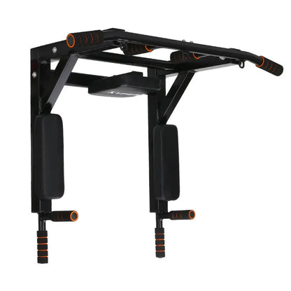 Black wall-mounted fitness station with sandbag rack and parallel bars measuring 77cm wide by 47cm high