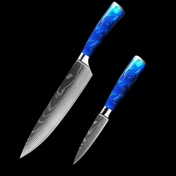 8-inch Chef Knife with vibrant blue resin handle, perfect for precision cutting in the kitchen.