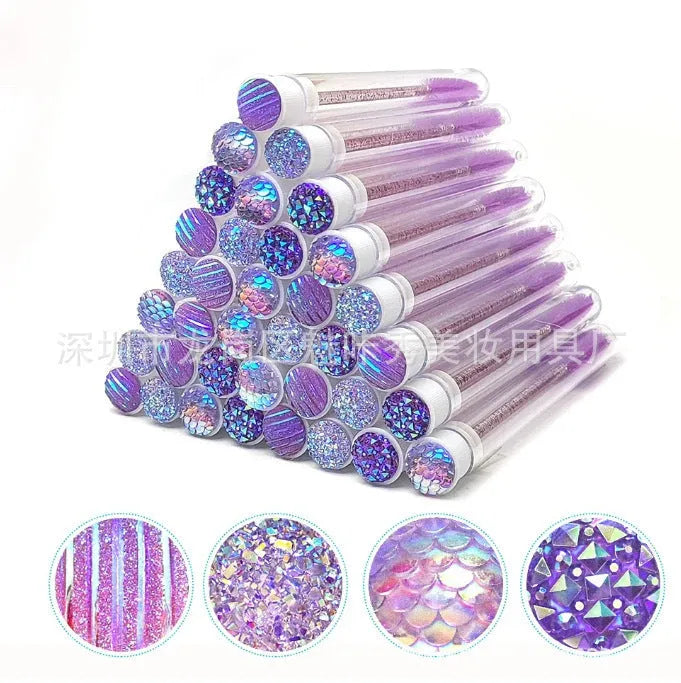 Disposable eyelash brushes in plastic storage tubes with spiral brush heads in four colours