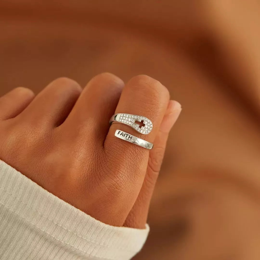 S925 Sterling Silver Faith Cross Zircon Ring with Korean style design