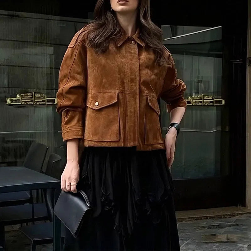 Women's suede coat in bright brown with regular sleeves, street-chic design, sizes S to 3XL