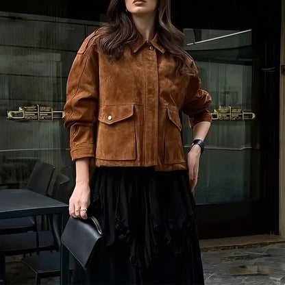 Women's suede coat in bright brown with regular sleeves, street-chic design, sizes S to 3XL