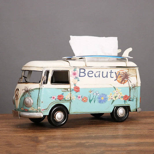 Handcrafted multicolor retro bus tissue box for home decoration