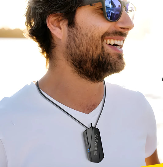 Black wearable air purifier necklace with compact 80mm dimensions and 650mAh battery