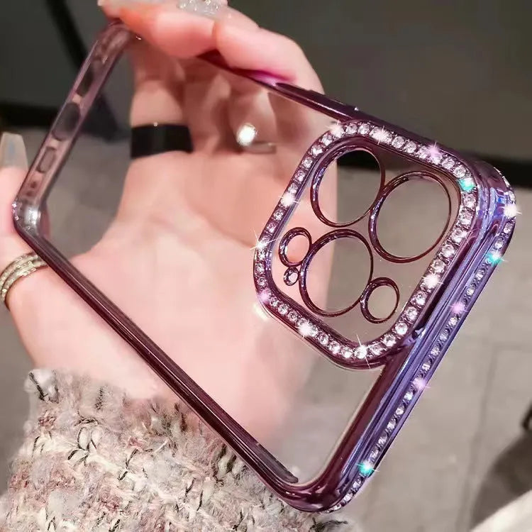 Rhinestone phone case with glass back and TPU silicone bumper for iPhone, in blue, purple, rose gold, or silver.