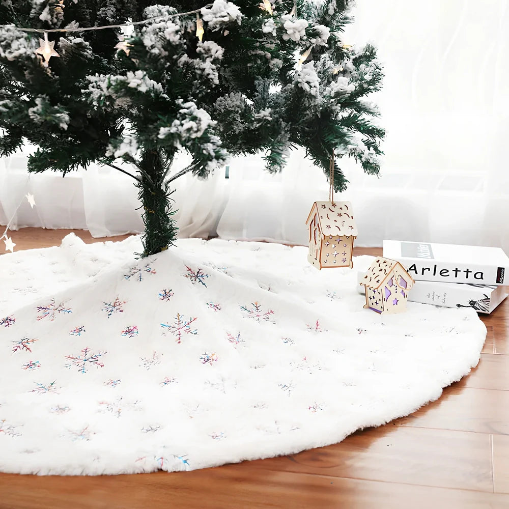Christmas tree skirt with sequin embroidery and imitation rabbit fur trim in silver, gold, or colourful options