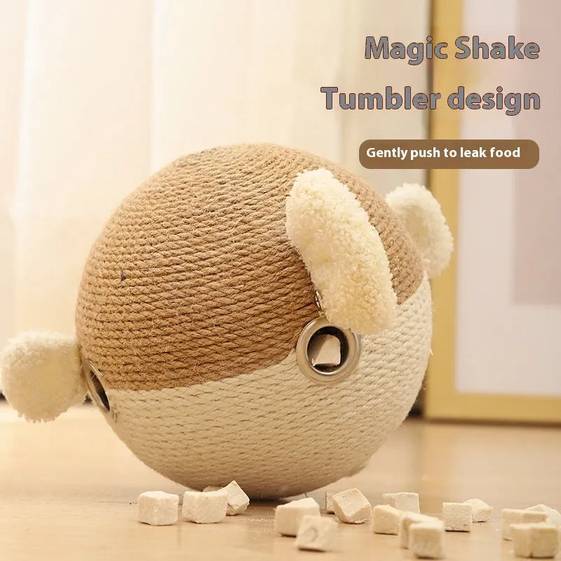 Pet tumbler puzzle feeder toy for dogs and cats, handmade from natural sisal hemp strips, measuring 15x15x15cm, featuring a puffer leakage food dispensing design to relieve boredom and reduce overeating.