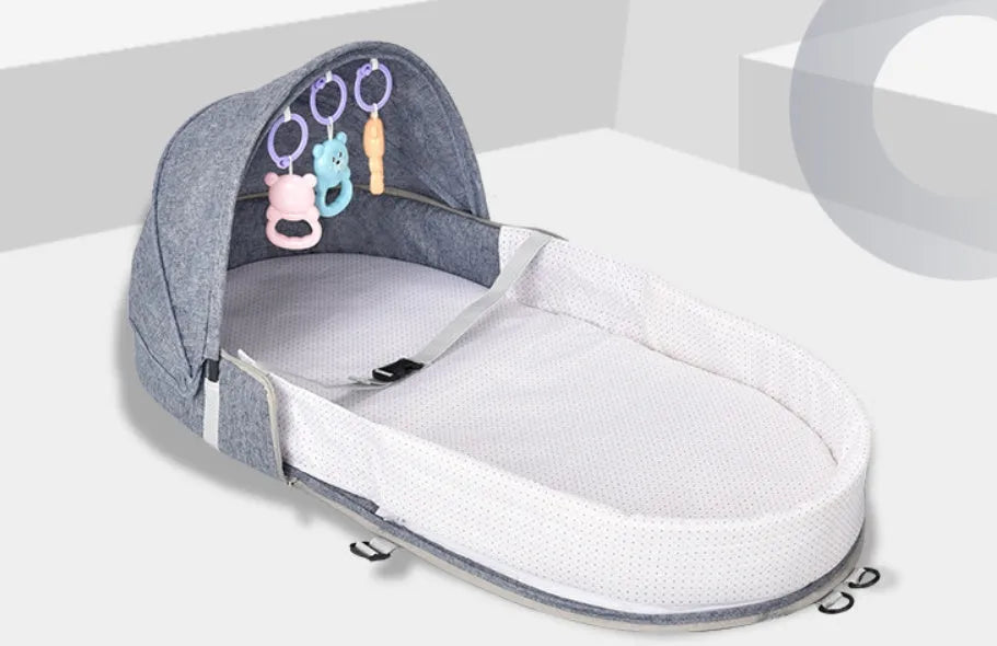 Portable foldable baby bed with mosquito net, cotton linen fabric, unfolded 88x45x12.5cm