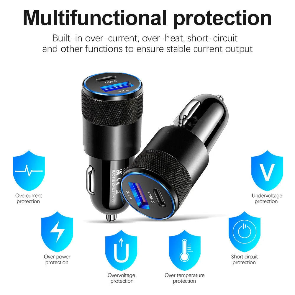 Aluminium alloy mobile phone car charger with USB socket measuring 2.5 by 6cm