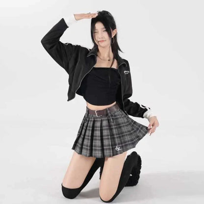 High-waisted cotton A-line skirt with pleated design in black plaid pattern, showing spandex blend stretch and A-line silhouette
