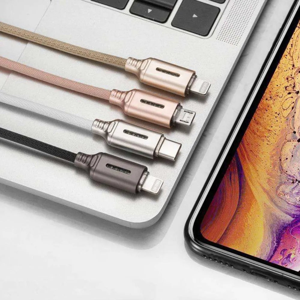 Black woven fabric braided USB fast charging cable with Type-C connector, 1 metre long.