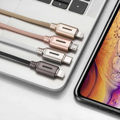 Black woven fabric braided USB fast charging cable with Type-C connector, 1 metre long.