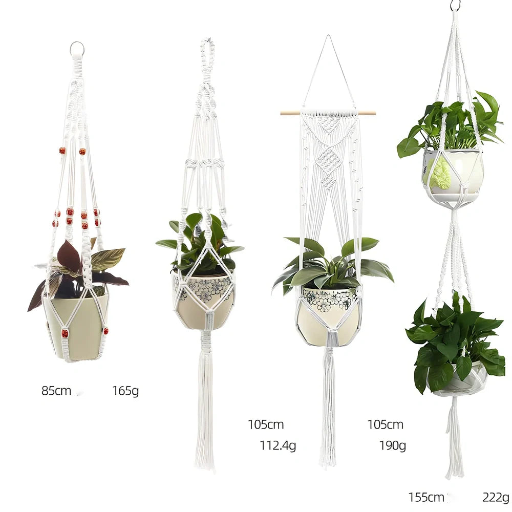 Hand-knitted cotton flowerpot net bag showing mesh pattern and hanging installation