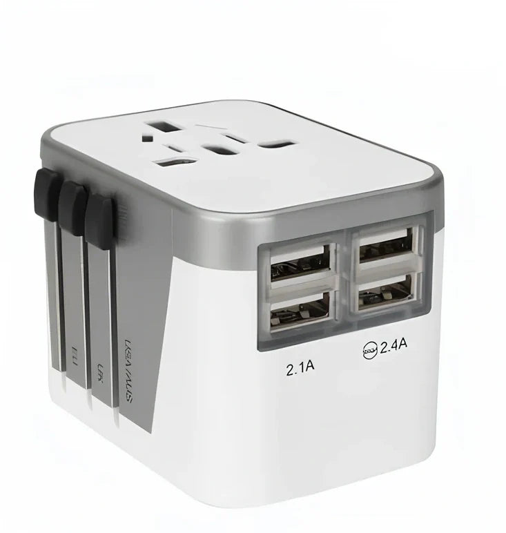 Black multi-country travel adapter 54x68x51mm with universal plugs for 2000W devices in 180 countries