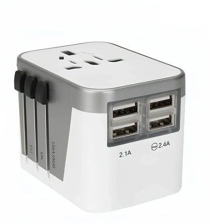 Black multi-country travel adapter 54x68x51mm with universal plugs for 2000W devices in 180 countries