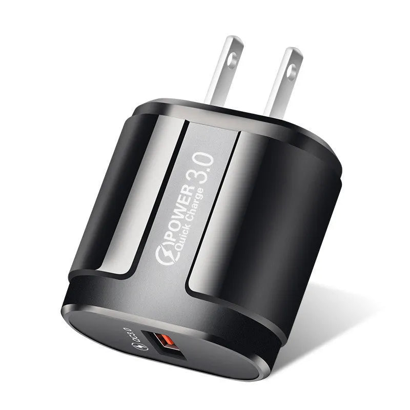 Smart mobile phone charger in black or white with compact 20mm × 40mm × 65mm dimensions showing international plug options