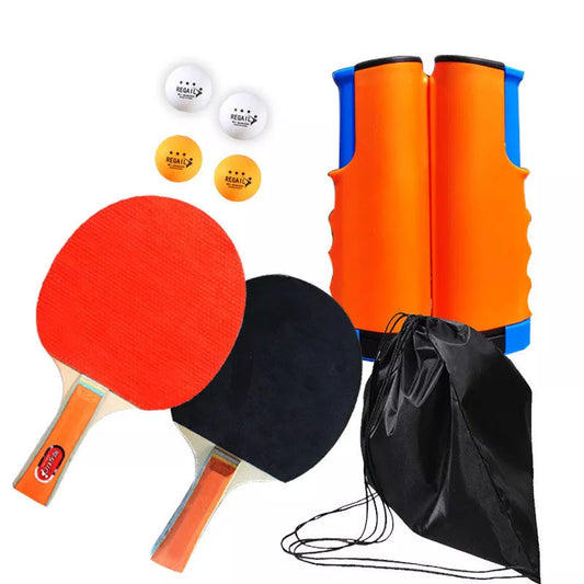 Retractable and portable table tennis racket set with anti-adhesive rubber, includes rackets, balls, net, and bag