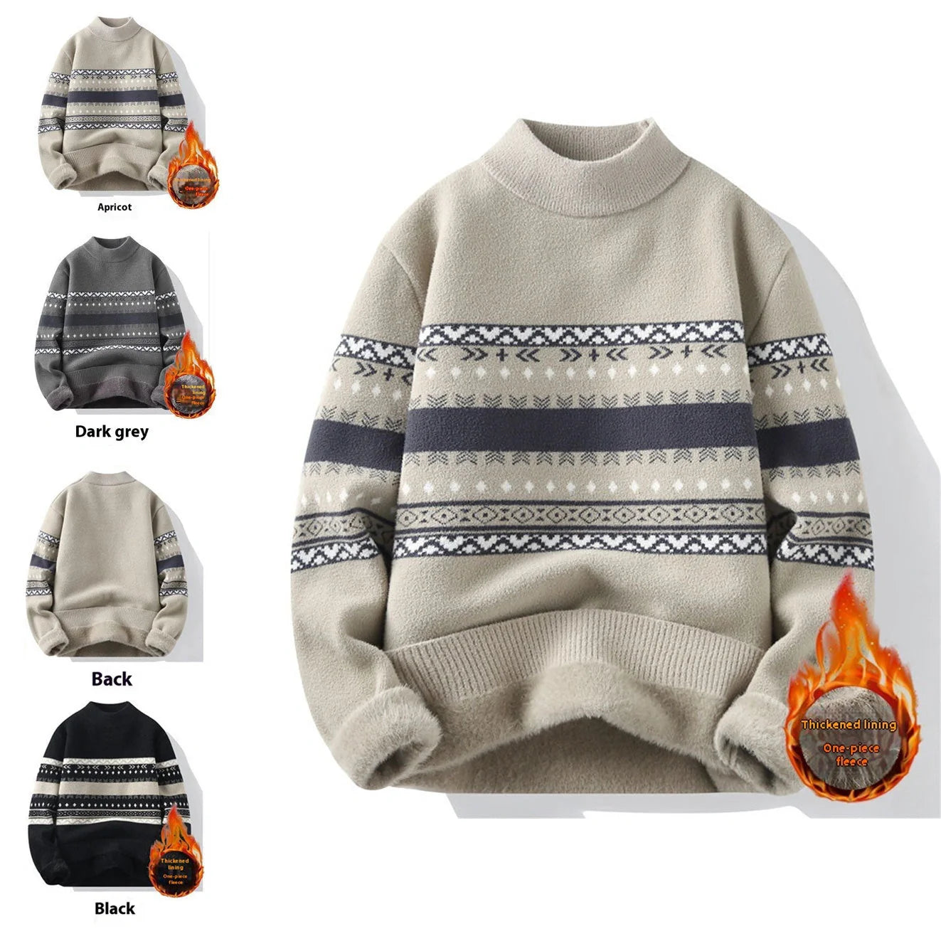 Men's mock neck velvet sweater in dark gray, black, and apricot with rabbit fur lining