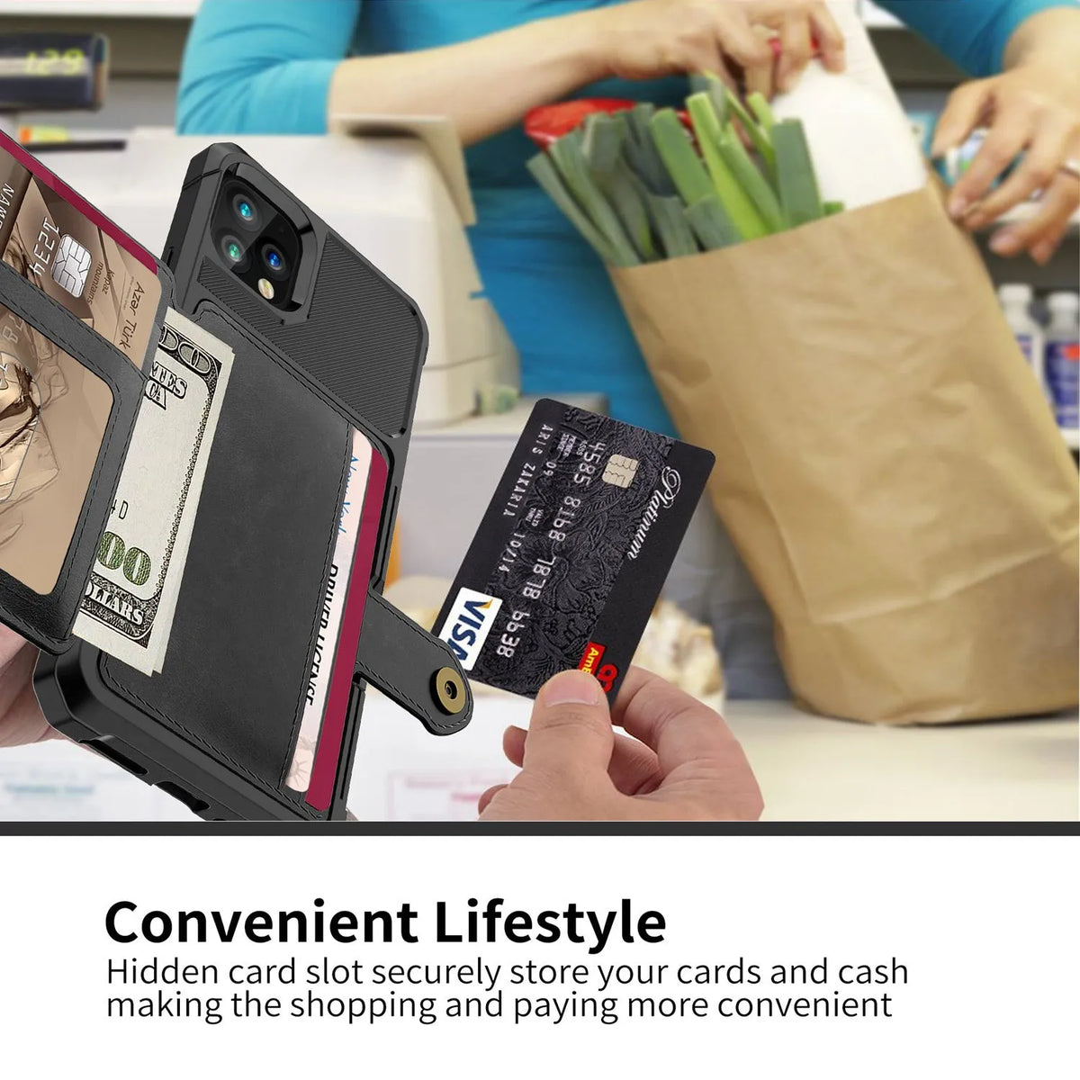 Imitation leather card wallet iPhone case back cover in black, blue, green, pink, or red.
