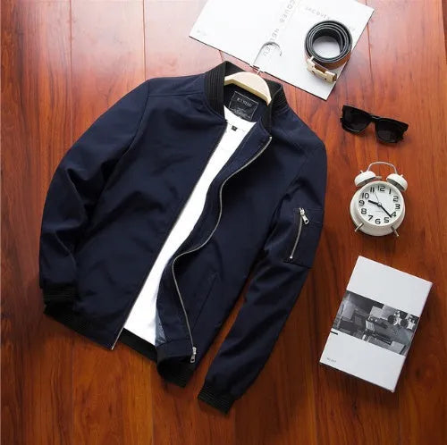 Men's slim-fit casual baseball jacket in solid colour with zip front and side pockets