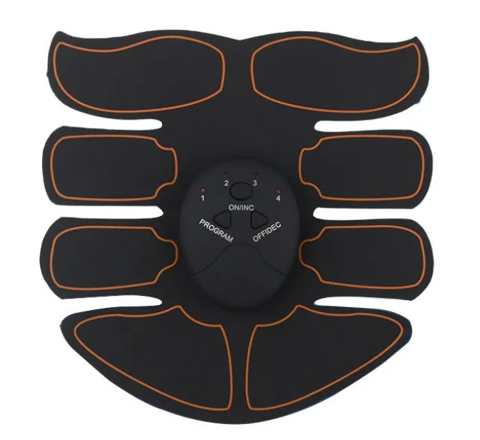 Compact EMS muscle stimulator unit with remote control and gel pads for abdominal and buttock toning.