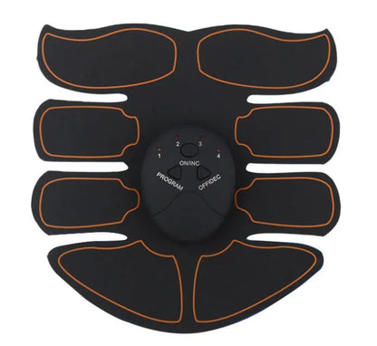 Compact EMS muscle stimulator unit with remote control and gel pads for abdominal and buttock toning.