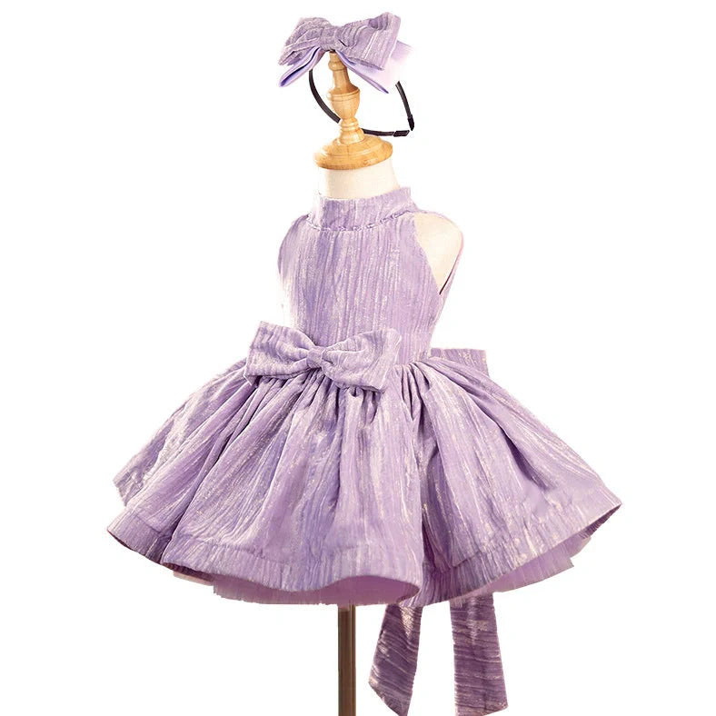 Girls' dreamy purple velvet princess dress showing princess silhouette and velvet texture