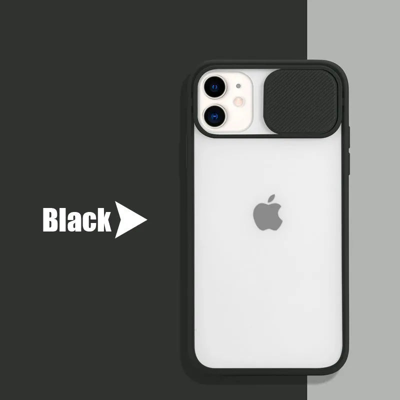 Slim silicone iPhone case with a frosted frame around the camera lens, shown in a choice of solid colours.